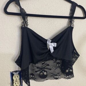 SHEIN Curve Black Lace Top 2XL Gothic Skull Mesh Overlay White Bow Detail